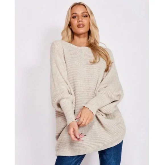 Sweaters - Beige Knitted Long Sleeve Loose Fit Oversized Slouchy Sweater Top